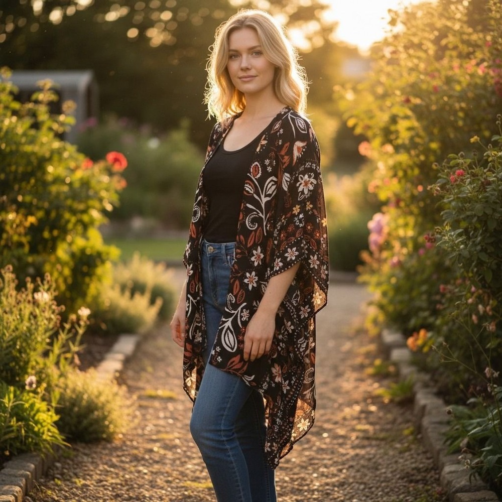Easel Black Floral Boho Open Front Kimono Women Small NWT